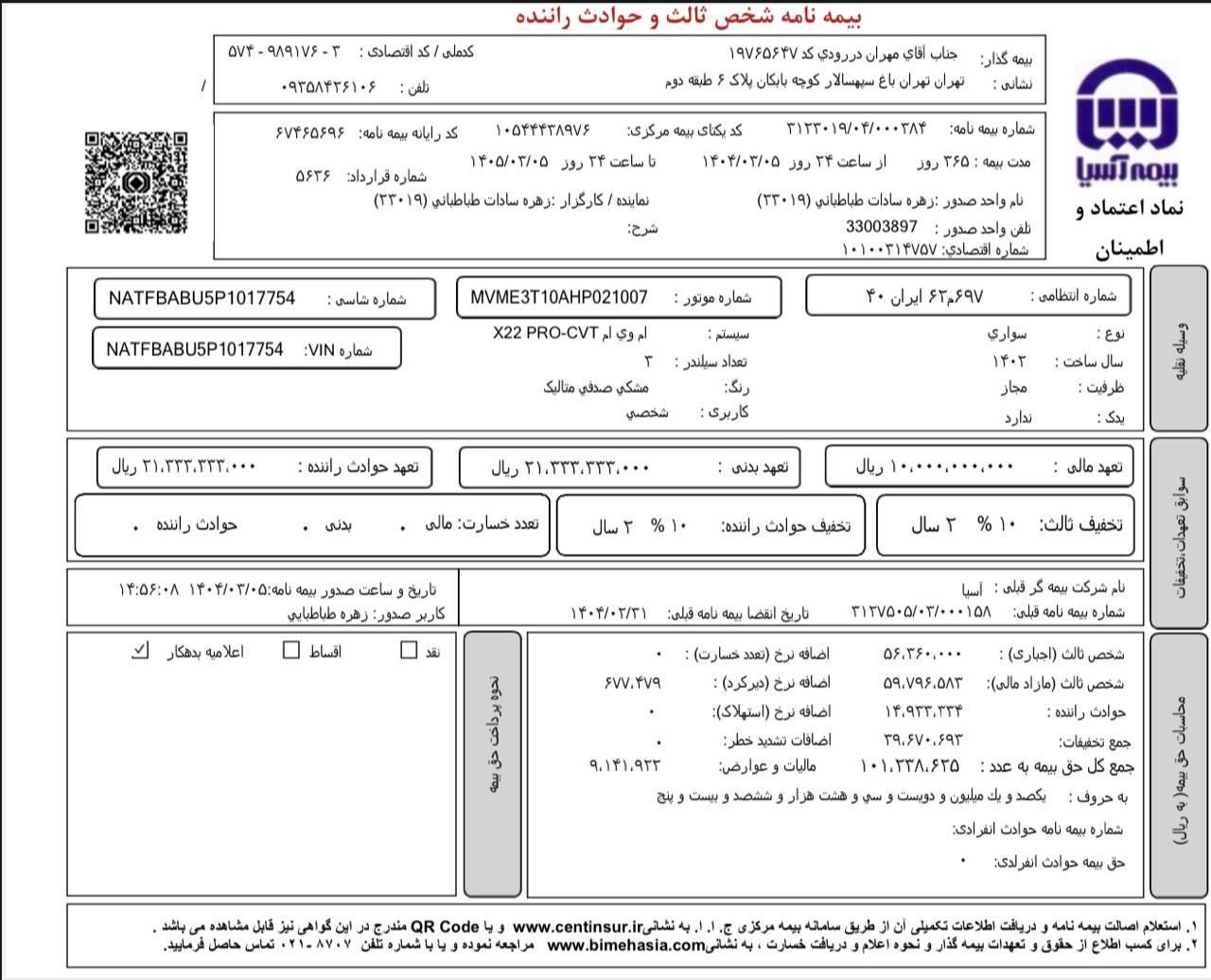 ام وی ام X22 پرو اتوماتیک اکسلنت - 1402