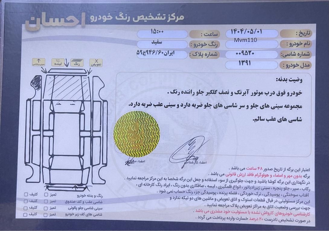 ام وی ام 110 چهار سیلندر دنده ای - 1391