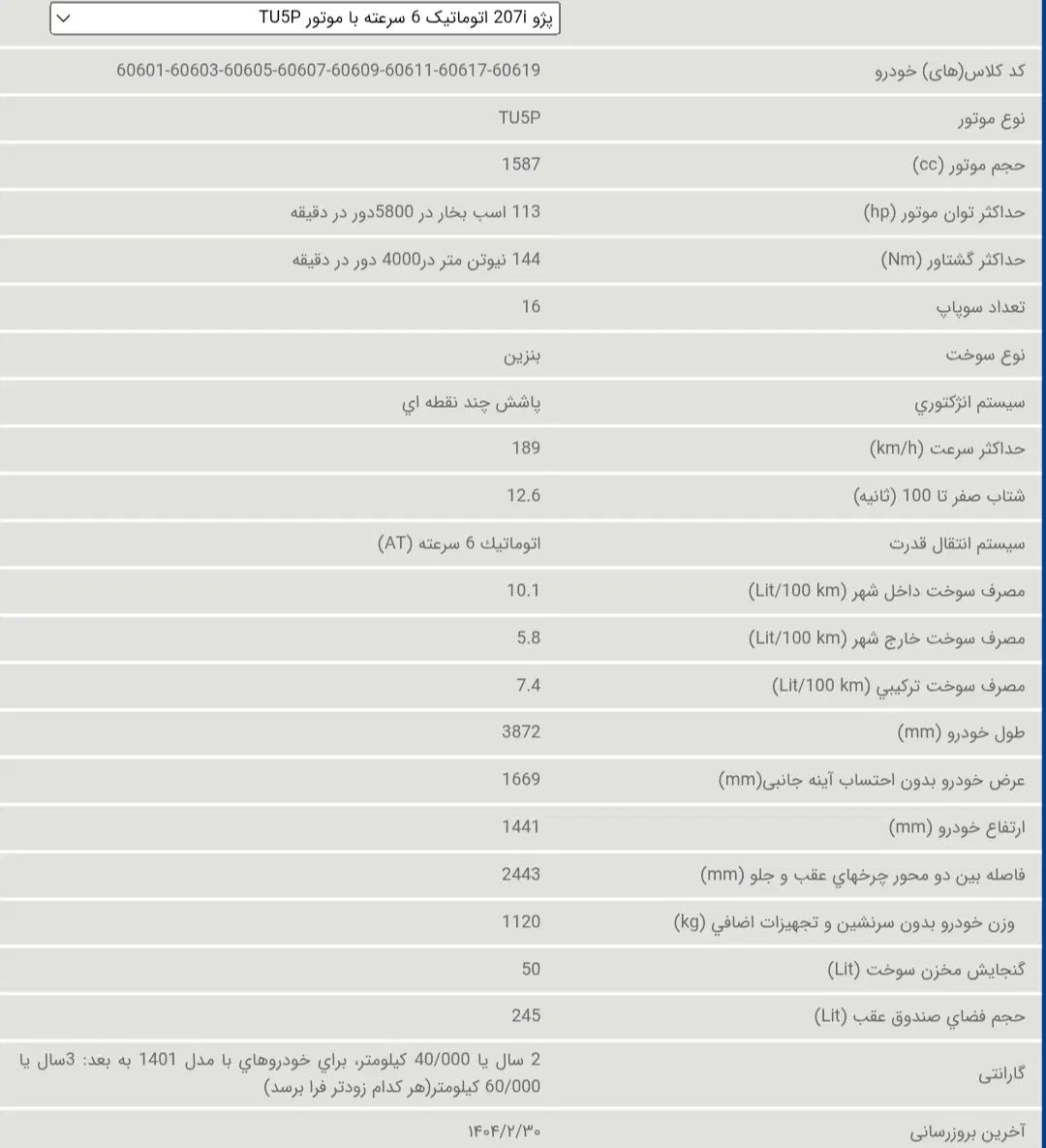 پژو 207 اتوماتیک TU5P - 1404